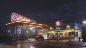 An orange sports car drives through a glowing, rendered gas station.