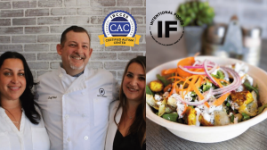 owners of Intentional Foods next to photo of a allergy free meal