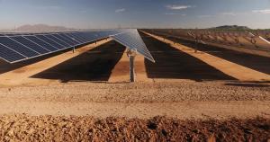 Close up image of solar power energy panels in the desert during a sunny day.