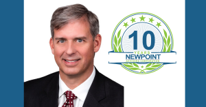 A photo of Ken Yager President of Newpoint Advisors Corporation in a black suit next to the Newpoint Advisors Corporation 10 year anniversary logo