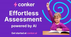 Conker - Effortless Assessment powered by AI, showing a student with her hand raised to answer a question