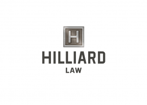Hilliard Law Logo - the icon is a brushed metal square with an upper case H in the center. Below the icon are the words Hilliard Law