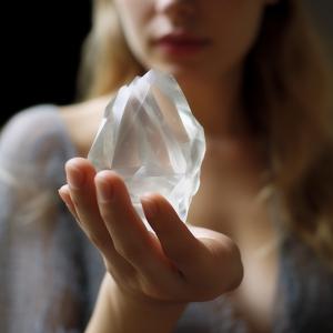 beautiful_woman_with_in_her_hand_a_tiny_faceted_white transparent Kalunite crystal