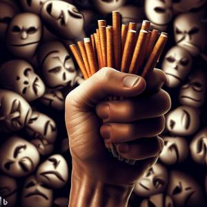 A fistfull of cigarettes in a hand against a sea of angry, disapproving faces.