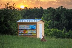 EZHouse Deluxe containing 10 EZHives with 10 honeybee colonies, located at Leystone Farms in Luskville Quebec, mural painted by Iris Kiewiet, photo credit Cindy Mulvihill Photography