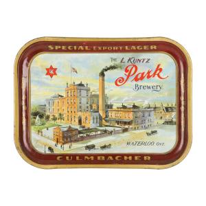 Kuntz Park Brewery Waterloo beer tray (Canadian, 1900), lithographed tin, with vibrant colors and rare factory scene, 11 inches by 15 inches, very clean (CA$12,980).