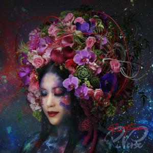 Vibrant floral arrangement adorns Risa Kumon's head against a cosmic backdrop, symbolizing the fusion of art and the universe in Ri-Verse.