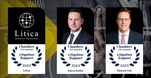 Litica logo with Steve Ruffle (Director) and Ed Yell (Head of Scheme Underwriting), both top-ranked in Chambers and Partners 2023 - Band 1, in the category of Litigation Insurance Underwriters. Professional photos of Steve and Ed, two white men in dark su