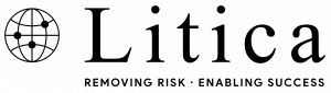 Litica black logo featuring a world icon with moving circles. The word 'Litica' is displayed in lowercase Times New Roman font, while 'Removing Risk, Enabling Success' is written in uppercase Product Sans Modern font.