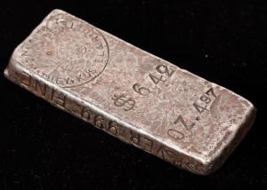 1880 Mathey, Kustel & Riotte silver ingot with documented information, provenance and history, the only known example, with logo punch and weighing 4.97 troy ounces ($42,175).