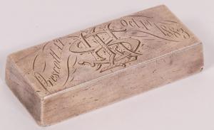 1883 Peck Mine silver ingot from Prescott, in the Arizona Territory, George Ralph assayer. The mine was discovered by Ed Peck in 1875, 4.52 troy ounces of silver fine 990 ($38,560).