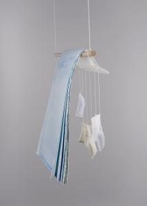 First Book of Gravity, 2022, watercolor and tempera on paper, collaged text, butcher's string, cloth, conservation weights (brass, lead shot); paper
