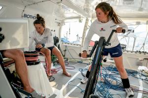 The Ocean Race 2022-23 onboard Biotherm. Mariana Lobato and Amélie Grassi trimming the sail