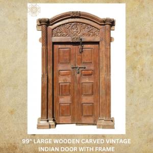 99" Large Wooden Carved Vintage Indian Door with Frame at Exotic India