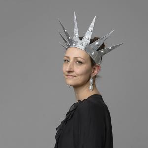 Lady Liberty Headpiece - Eva Van Kempen, 2020 Expired reproductive pills, PVC film, artificial leather, spring steel, Photo by: Hugo Rompa, From "Freedom as Luxury" series