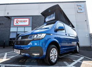 Outside of a blue T6.1 VW campervan