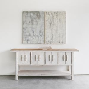 Japanese inspired buffet table sitting underneath "Soft Day 1" diptych