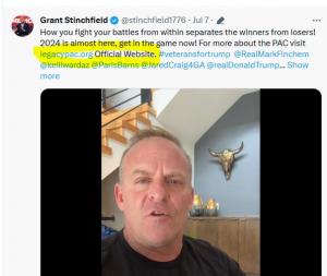 Grant Stinchfield voices his support of Legacy PAC and Veterans for Trump on his social media