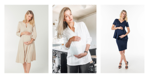 Pregnant models wears beige maternity & nursing dress, white maternity blouse with black maternity dress pants, and maternity suit with maternity pencil skirt.