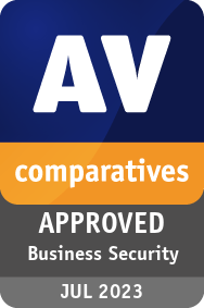 AV-Comparatives Award plus Logo für zertifizierte Produkte des Business Security Test 2023 Juli 2023.