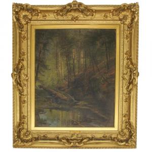 Oil on canvas landscape painting by Hermann Ottomar Herzog (1832-1932), titled Shohola Glen, a wonderful painting depicting a wooded landscape scene, framed (est. $20,000-$40,000).