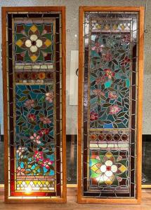 This beautiful pair of late 19th century Aesthetic Movement leaded glass windows, each one 80 inches by 23 ½ inches (glass, less frame) realized $7,995 against an estimate of $1,500-$2,500.