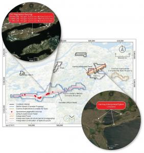 Figure 2: Hampden Project Claims – Highlighted interpreted trends of untested dykes within the Carmoy Property relative to Patriot’s Corvette Lithium Trend