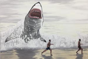 Painting by Richard Bosman titled "Beach" of a Mega-Shark Emerging from the Ocean