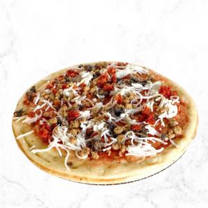 Image is of one of Passione Brands' new vegan pizza products: featured image shows the Cornmeal Crust 100% Vegan Sausage, Mushroom & Sun-Dried Tomato Pizza 10"