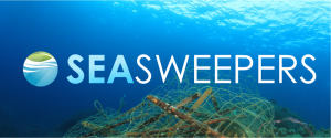 SeaSweepers logo over underwater background showing ghost nets on rocks.