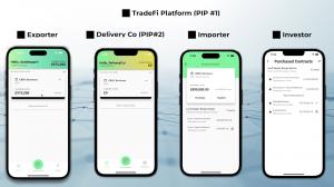 Four mobile phones showing various views of a CBDC trade finance app built using the Rosalind API
