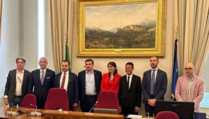 Credit: Lara Cettina L-R Dimitri Coin (Lega), Andrea Di Giuseppe (FDL), Ettore Rosato (IV), Paolo Formentini (Vice president of Foreign Committee - Lega), Naike Gruppioni (IV), Omar Harfouch, Andrea Crippa (Lega) Giangiacomo Calovini (FDL),