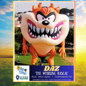 DAZ - The Whirling Rascal special shape hot air balloon at the H-E-B | Central Market Plano Balloon Festival open September 21-24, 2023.