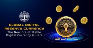 Image of the GDRC coin with other currency coins hovering over head, with the words saying "The new era of stable digital currency is here with GDRC".