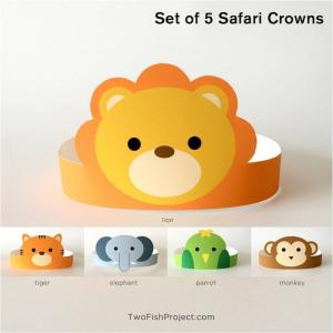 Cute Halloween Party Supplies: Jungle Safari Party Hat/Paper Crown Printable with Lion, Tiger, Elephant, Parrot, and Monkey