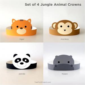 Jungle Animal Party Hats with Tiger, Monkey, Panda, and Hippo