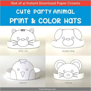 Outlined Coloring Version: Pet Animal Party Hats with Kitten/Cat, Puppy Dog, Parrot, and Mouse