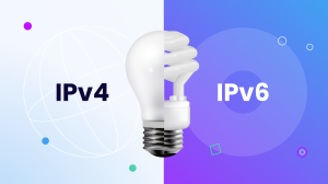 IPv4 depicted as an older lamp bulb, compared to IPv6, depicted as a newer, energy-efficient LED bulb.