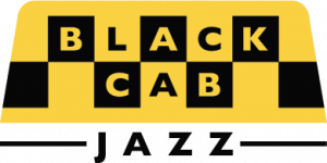 The words "Black Cab" on top of a yellow background with black chessboard-like squares over the letters "B", "A" and "K" and, underneath, the letters"C" and "B". The words are outlined in a shape resembling the marquee atop a new york city cab. The work "