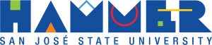 the word "Hammer" in blue with "San Jose State University" centered beneath it also in blue. The word Hammer features differnt colred shapes in each letter replicating the shapes on the side of the locations actual building.