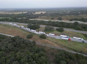 Image showing 13 big rigs parked along a rest stop road.