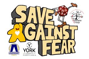 Save Against Fear Logo with Meeple and Twenty Sided Die figures and logos