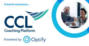 An image introducing the CCL Coaching Platform, Powered by Optify - with an image of two people looking happy, shaking hands in a corporate setting.