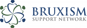 Bruxism Support Network logo consisting of blue and green hearts representing the people of heart / teeth shaped characters holding held together in one community