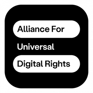 The logo is a black square with rounded corners; inside the box, it says Alliance For Universal Digital Rights