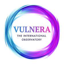 the logo is a round, on the ouside is circle tht turns from blue to purple; inside the circle, it says VULNERA THE INTERNATIONAL OBSEVATORY
