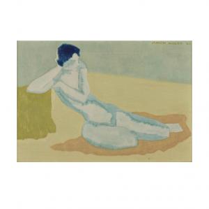 Lot 360 is an oil on canvas painting by March Avery (American, b. 1932), titled Modern Figure in Blue, signed upper right "March Avery '63". Ms. Avery is the daughter of Milton Avery.