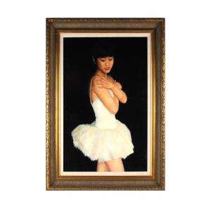 Lot 12 is an oil on canvas painting of a ballerina highlighted against a dark background dancer by Wu Jian (Chinese, b. 1942), titled Pure Ages, an eye-catching work by a highly sought-after Chinese artist.