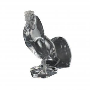 Lot 214 is a figural colorless crystal figural rooster designed by Marc Lalique circa 1953, signed "Lalique France", 18 ½ inches tall. Lot 211 is by R. Lalique: an opalescent molded Tulipes vase.
