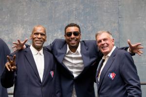 NBA Legends, Robert Parish, Paul Pierce and Kevin McHale pose for a photo during the NBA 75 Group Photo as part of the 2022 NBA All Star Weekend on February 20, 2022 at Rocket Mortgage FieldHouse in Cleveland, Ohio.